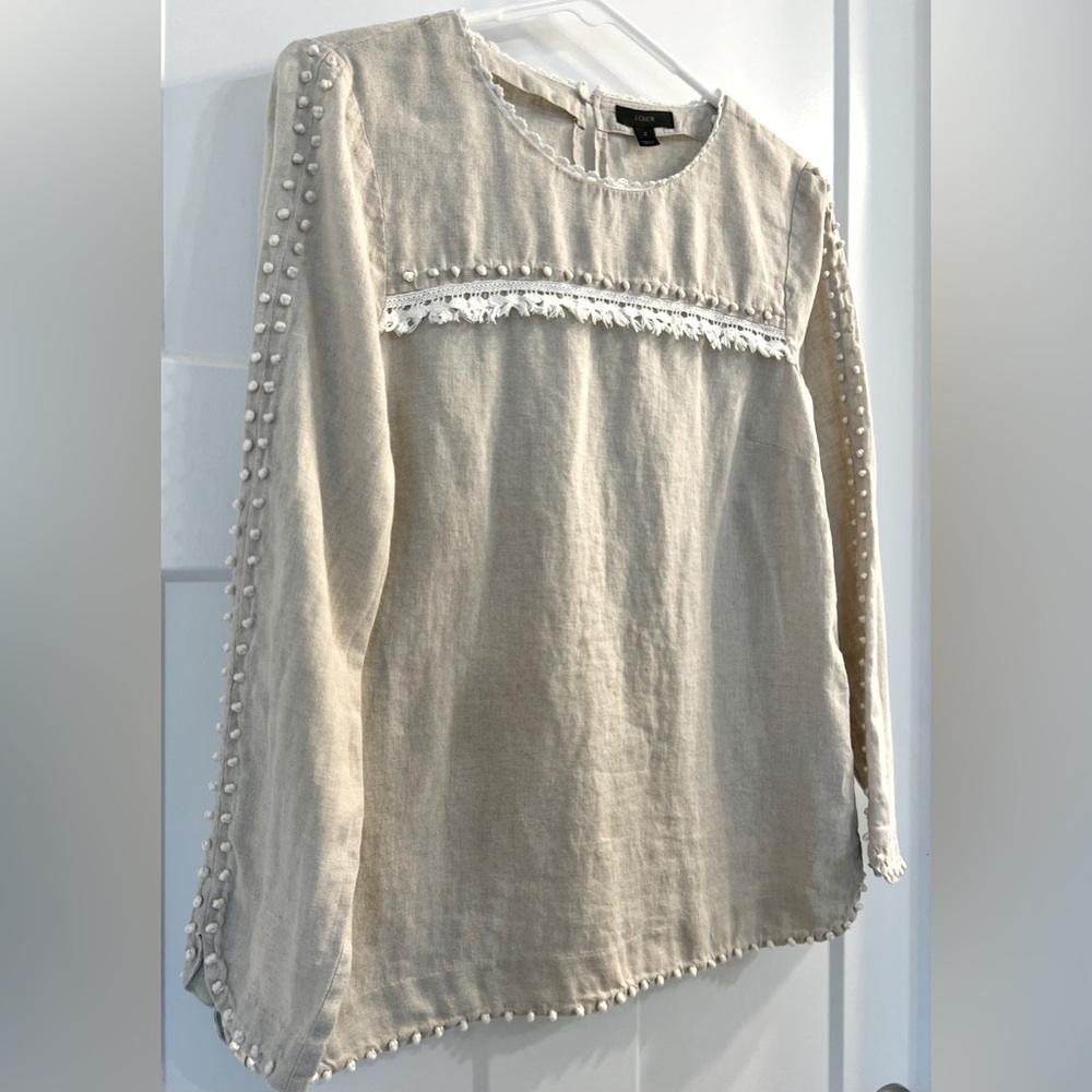 J. Crew French Knot 100% Linen Embroidered Long Sleeve Round Neck Blouse sz 2
